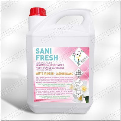White jug of Sanifresh cleaning solution with red cap, label showing jasmine blanc fragrance.