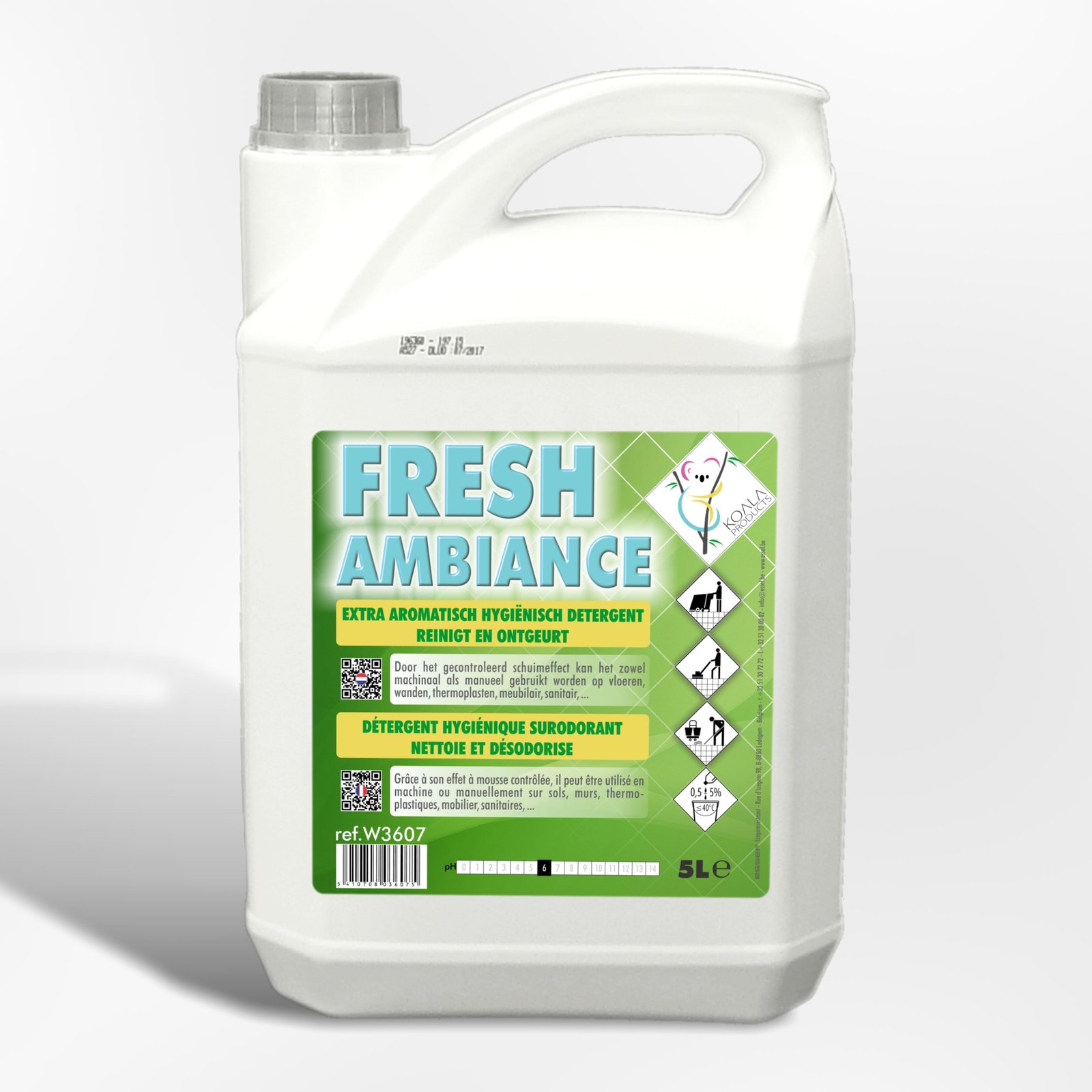 White plastic detergent bottle with gray cap and a green label that reads 'FRESH AMBIANCE'.