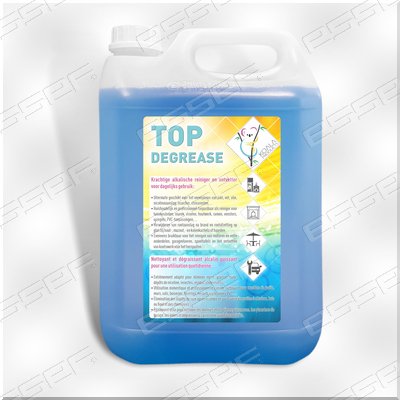 Blue plastic jug of TOP GREASE cleaning liquid with a white cap and safety label on the front.