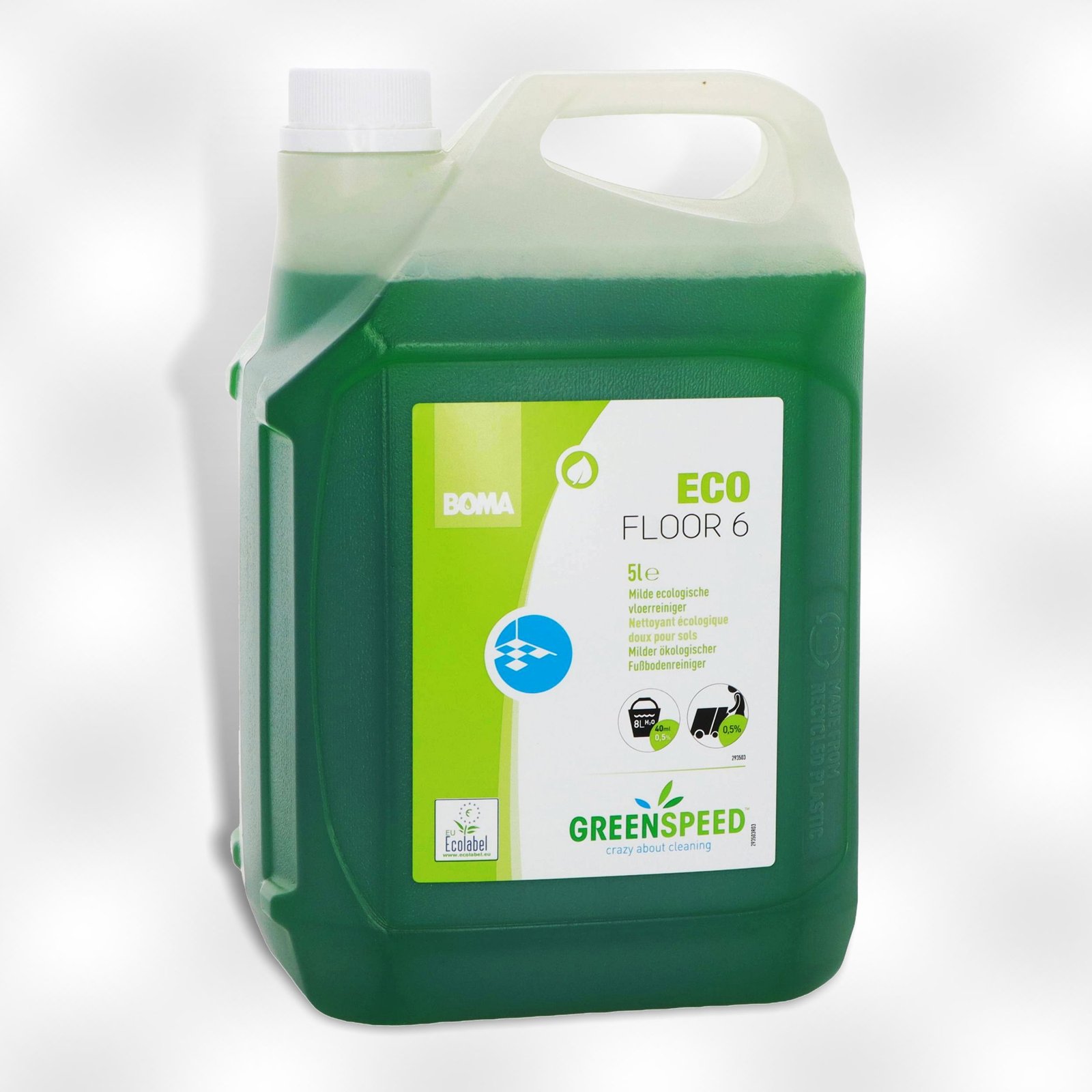 Green cleaning liquid container with handle, label showing GREEN SPEED product name and ECO branding on the front.